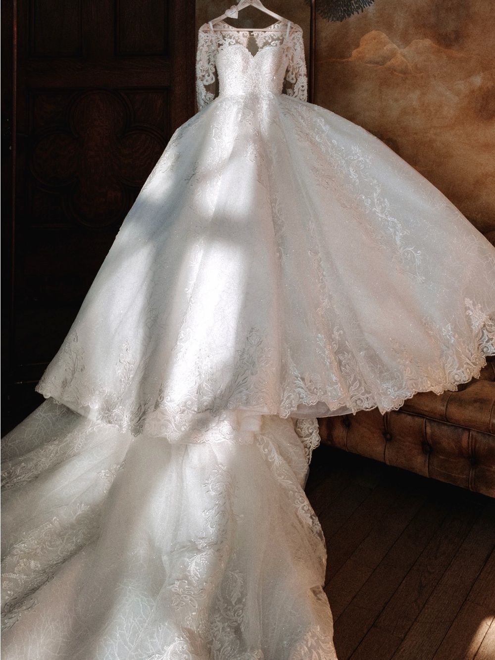 Custom-Made Lace Ball Gown Dress with Royal Train + Veil